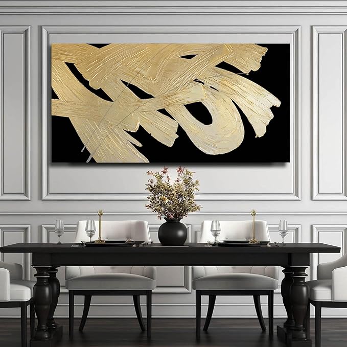 Framed Canvas Prints Gold Abstract Wall Painting on Black Background Graffiti Artwork Black Art for Office Living Room Modern Hanging Decor 24"x 48"