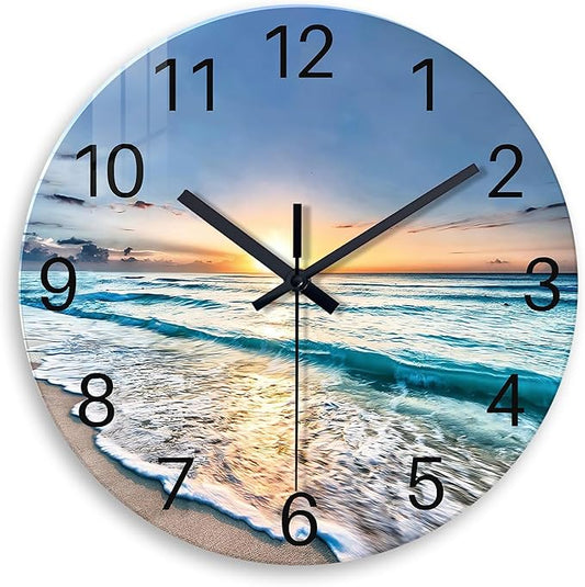 Blue Coastal Wall Clocks Battery Operated 16 Inch Glass Wall Clock Silent Beach Round Large Wall Clock for Living Room