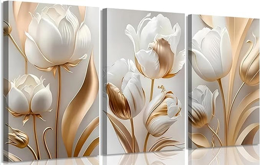 3Pcs Vintage Minimalist Floral Canvas Wall Art White Gold Abstract flowers Wall Decor Pictures Modern Luxury Prints tulip Plants Painting Artwork for Office Home Decoration 12x16in