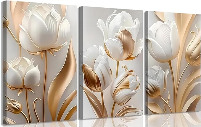 3Pcs Vintage Minimalist Floral Canvas Wall Art White Gold Abstract flowers Wall Decor Pictures Modern Luxury Prints tulip Plants Painting Artwork for Office Home Decoration 16x24in