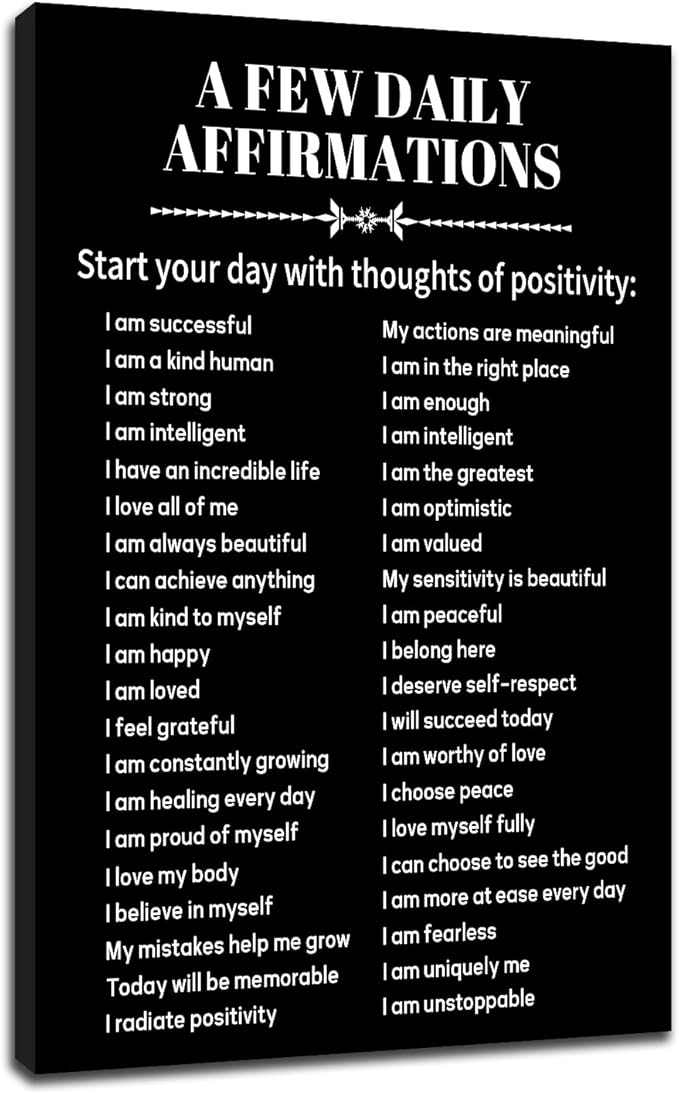 Inspirational Canvas Wall Art Office Positive Wall Decor Picture A Few Daily Affirmations Motivational Quotes Painting Artwork for Modern Home Bedroom Living Room Gym Ready to Hang [12''Wx18''H]