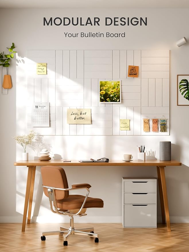 Bumusty Large Cork Board Alternative-36 x 24" Felt Bulletin Board Tiles, with 30 Pushpins, 40 Adhesive Tabs, 6-Pack Slat Wall Paneling, Cork Boards for Office Push Pin Board Felt Board-Milky White