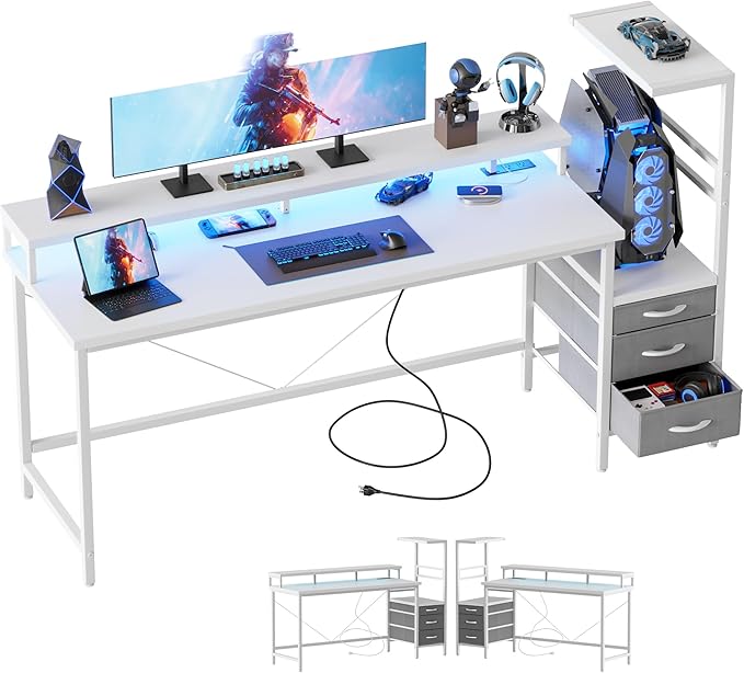 Mericonia Gaming Desk with Power Outlets & LED Lights, Reversible Computer Desk with PC Case Stand, Fabric Drawers, Modern Office Desk with Shelves, Monitor Stand