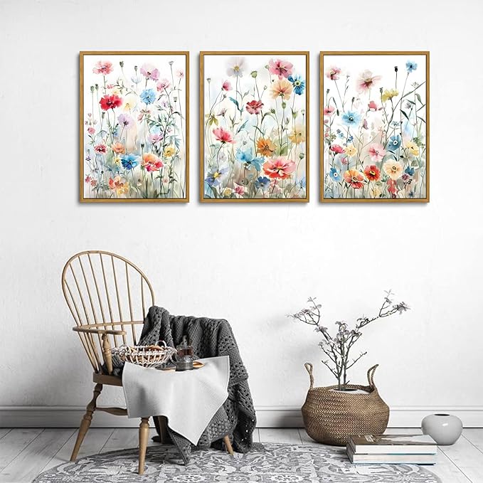 KISSFOX Framed Colorful Wildflower Canvas Wall Art Set Of 3 Flowers Pictures Prints Flowers Printing Floral Watercolors Flower wall Decor Living Room Girls Bedroom Bathroom