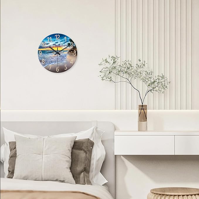 Beach Clocks Wall Decor Glass Modern Coastal Wall Clock Silent Non Ticking Blue Ocean Wall Clock Battery Operated 14 Inch