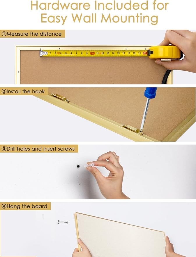 Bulletin Board 16 x 12 inches, Oatmeal White Pin Board, Golden Aluminum Framed Fabric Cork Board with 10 Push Pins
