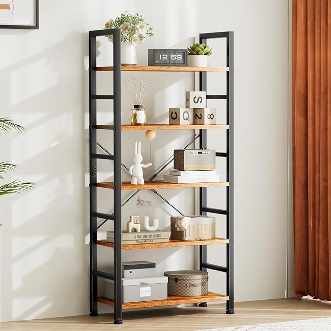 NEWBULIG Book Shelf 5 Tier Modern Bookcase Sturdy Metal Storage Organizer Books/CDs/Magazines Industrial Open Display Shelf for Bedroom Home Office Kitchen Living Room, Rustic