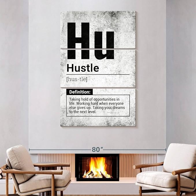 Elephant Stock - Hustle Definition Grunge Wall Art - Vertical Multi Panel Canvas - 3 Piece Living Room Wall Decor - Digital Art Inspirational And Typography Multi Piece Wall Art - Black And Gray Decor - 48" x 74"