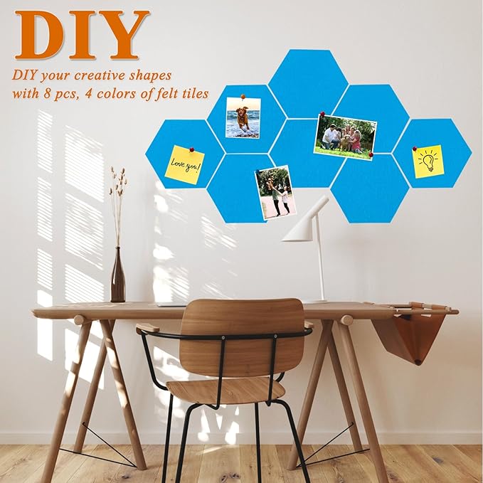 8 Pcs Hexagon Felt Cork Bulletin Board Tiles, Self Adhesive DIY Bulletin Board Pin Board for Office School Home Wall Decor Memos Photos Display(Bright Blue)
