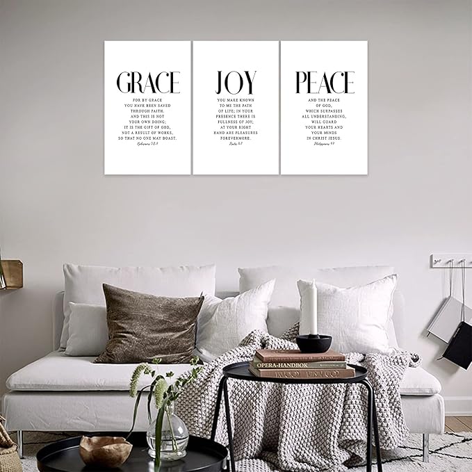 3 Piece Inspirational Wall Art White Motivational Mindset Picture, Quote "Grace Joy Peace" Canvas Print for Christian Gifts, Triptych Entrepreneur Poster Framed Artwork for Home Wall Decor(48"Wx24" H)
