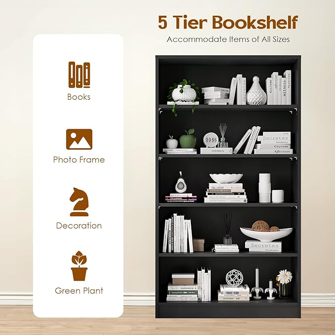 Soohow 5 Shelf Bookcase,60 Inch Wood Tall Bookshelves for Living Room,Black