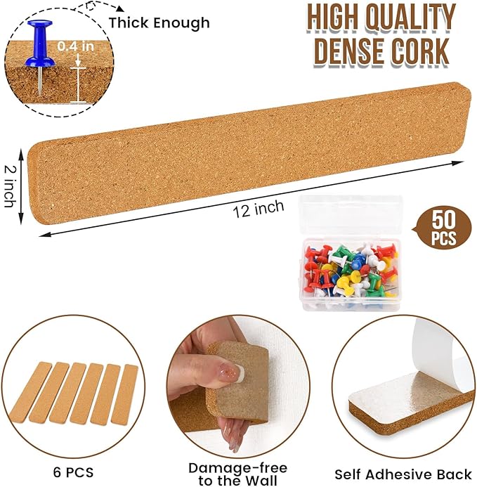 6 Pack Corkboard Strips for Walls, Self Adhesive Thick Cork Board Strips, Peel and Stick Cork Board with 50 Push Pins for Paste Notes, Photos, Schedules