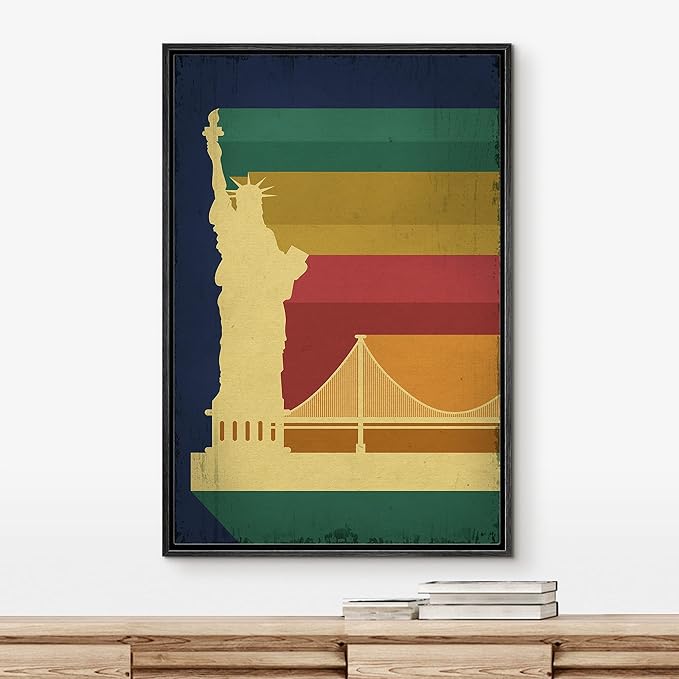 IDEA4WALL Framed Canvas Print Wall Art Retro Vintage Rainbow Statue of Liberty Poster Cultural Building Illustrations Modern Art Contemporary Scenic for Living Room, Bedroom, Office - 24"x36" BLACK