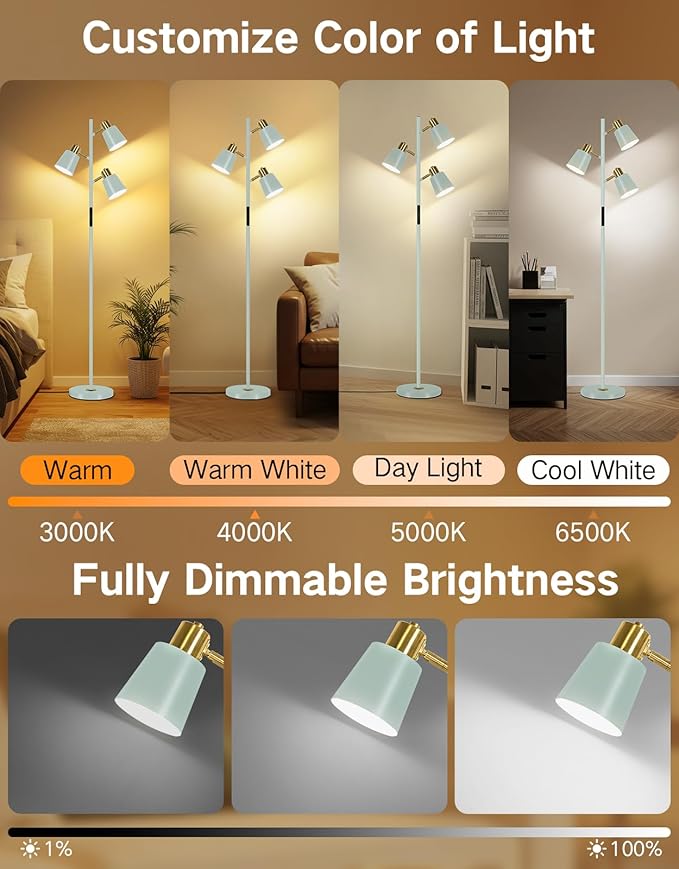 OUTON Tree Floor Lamp, LED Dimmable Floor Lamp with Remote and Touch Slide Control, 4 Color Temperatures, 3 Rotatable Lights, Modern Standing Lamp for Living Room Bedroom Office,Teal & Gold
