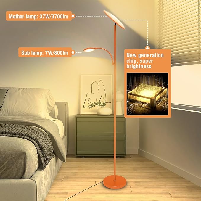 Orange Floor Lamps for Living Room, 44W/4500LM Super Bright 2 in 1 LED Floor Lamp with Remote, Stepless Dimmable