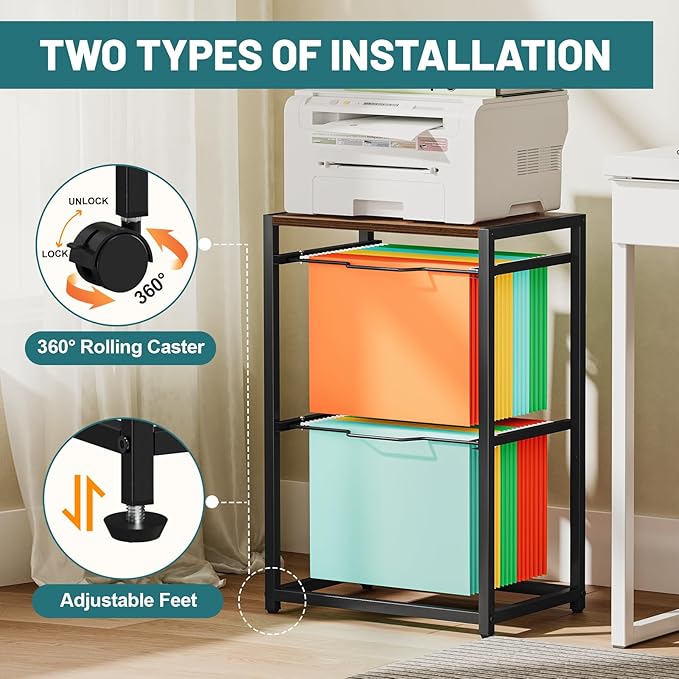 Snughome Rolling File Cart with Wheels - Hanging Files for Letter Size, 2-Tier Metal Movable Cart with Pull-Out Filing Holder