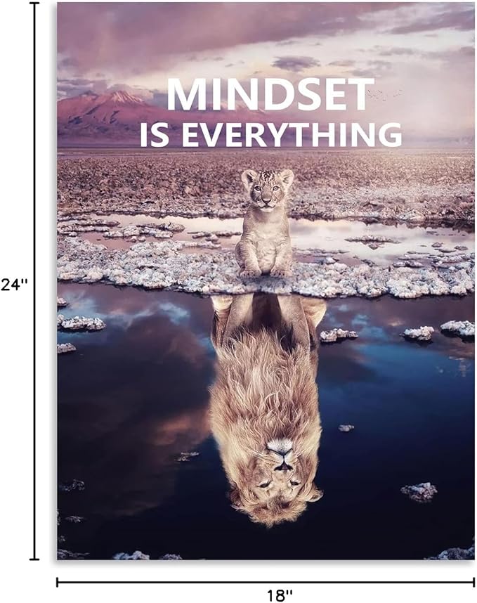 Little Lion Big Lion Inspirational Wall Art Mindset is Everything Poster Animal Inspirational Canvas Print Artwork Painting Living Room Home Decoration Bedroom Frame Ready to Hang[18" W x 24" H]
