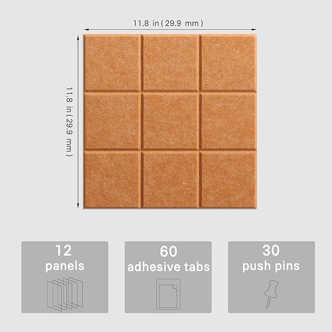 Large Cork Board, 12 Pack Felt Wall Tiles with Safe Removable Adhesive, Bulletin Board for Office, Pin Tack Corkboard for Quilting Design & Dart Wall Protector 48" x 36" - Goldenrod