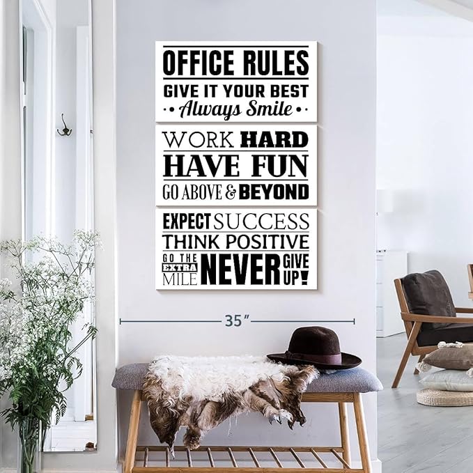 Elephant Stock - Fun Office Rules Wall Art - Vertical Multi Panel Canvas - 3 Piece Living Room Wall Decor - Digital Art Inspirational And Typography Multi Piece Wall Art - White And Black Decor - 24" x 38"