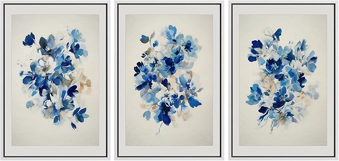 SIGNFORD Framed Wall Art Print Set Blue Blossom Watercolor Floral Botanical Digital Art Modern Art Contemporary for Living Room, Bedroom, Office - 24"x36"x3 WHITE