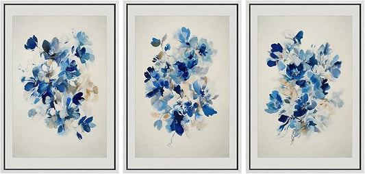 SIGNFORD Framed Wall Art Print Set Blue Blossom Watercolor Floral Botanical Digital Art Modern Art Contemporary for Living Room, Bedroom, Office - 16"x24"x3 WHITE
