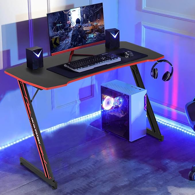 Gaming Desk 47 Inch Z-Shaped Computer Desk Modern Ergonomic PC Computer Table Home Office Desk Racing Style Gaming Workstation with Headphone Hook, Red