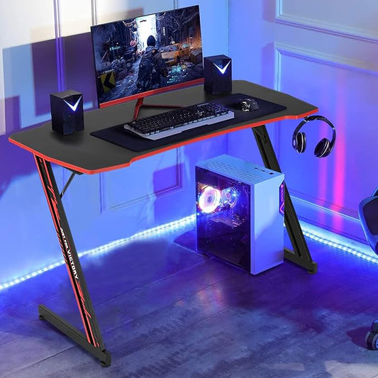 Gaming Desk 47 Inch Z-Shaped Computer Desk Modern Ergonomic PC Computer Table Home Office Desk Racing Style Gaming Workstation with Headphone Hook, Red