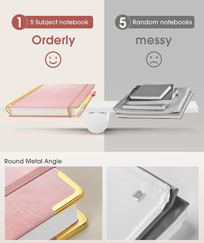 Hardcover Spiral Notebook journal with Removable Dividers Tabs, 300 Pages Leather 5 Subject Notebook College Ruled, 100GMS Notebooks for Work School Note taking,Lined Journal for Women,A5 Rose gold