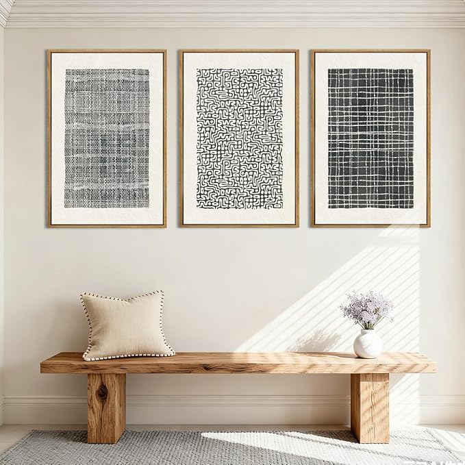 BINCUE Abstract Line Wall Art Set of 3 Modern Neutral Black Wall Decor Geometric Minimalist Artwork Black Abstract Wall Art Framed Modern Paintings for Living Room Bedroom Office Bathroom 24"x36" Gift