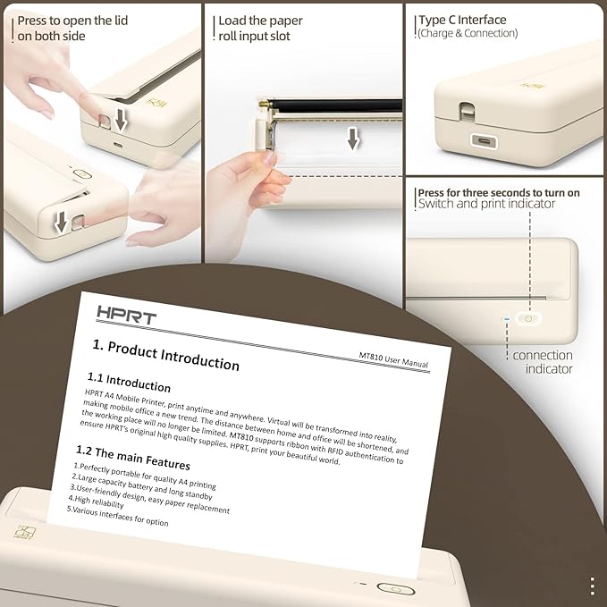 HPRT Wireless Portable Printer - Bluetooth Thermal Printer for Travel, Mobile Office, School, Home Compatible with iOS Android (Renewed) (Beige)