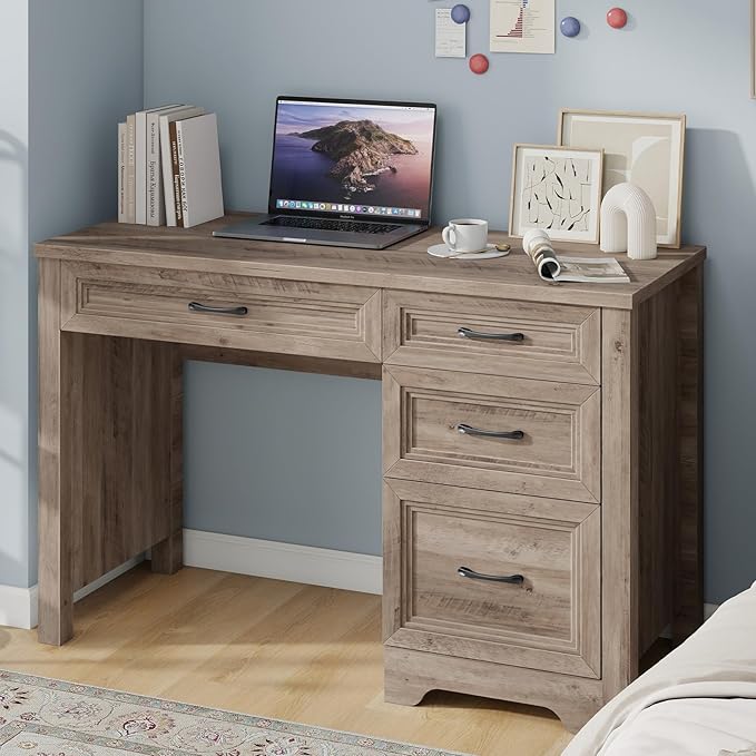 Farmhouse Executive Desk with Drawers, Wood Computer Desk with Ample File Drawer, Rustic Home Office Desk with Storage for Bedroom, Living Room, Grey