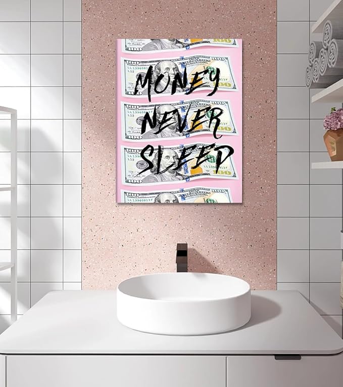 Pink Inspirational Wall Art for Office - 100 Dollar Bill Canvas Pating Money Never Sleep Quote Wall Decor Motivational Poster for Living Room Bedroom Home Decoration, Framed 18"x24"