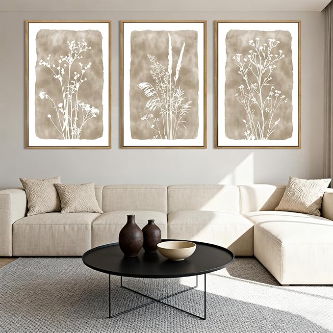 ANHUIB Beige Neutral Floral Canvas Wall Art 16x24 Inch Framed Beige Brown Botanital Wall Decor Large Rustic Farmhouse Wildflower Artwork Vintage Plant Art Prints Set of 3 for Living Room Bedroom Office