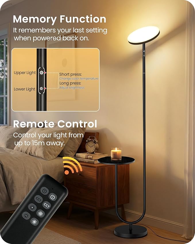 Floor Lamp with Table, Dimmable Standing Light with 3 Temperatures & Remote Control, LED Up and Down Lighting with Tray, Modern Reading Torchiere Corner Lamp for Bedroom Office Black,B24LD05