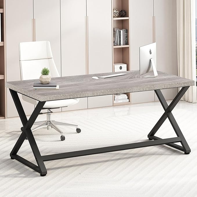 IBF Gray Computer Desk, Modern Writing Study Desk for Home Office, Industrial Wooden Metal Executive Work Desk, Simple Pc Gaming Laptop Workstation Computer Table in Bedroom, Light Grey Oak, 55 Inch