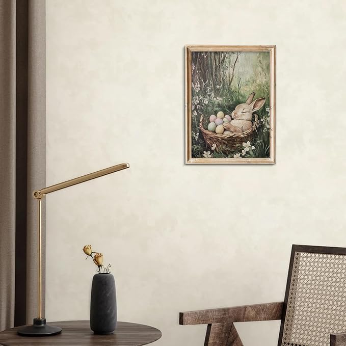 uniro Vintage Easter Rabbit Canvas Wall Art Print, Coloured Eggs and Bunny Painting, Farmhouse Home Decor for Bedroom Room Living Decor(8" x 10"-UNFRAMED)
