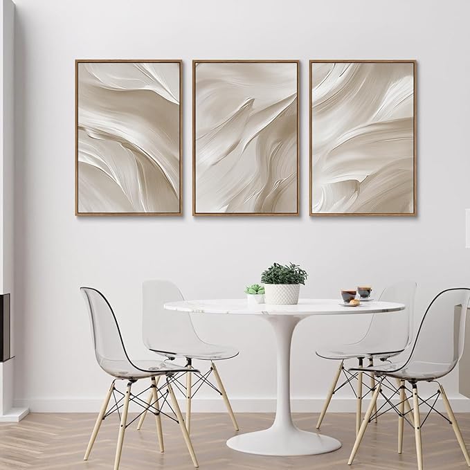 myusuar 3 Piece Large Abstract Framed Wall Art For Living Room, Smoke Texture Ink Beige White Canvas Wall Art Modern Minimalist Art Prints Wall Décor For Bedroom Office 16x24in