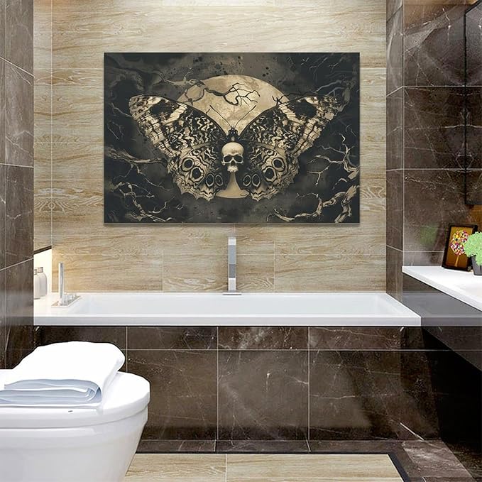 Skull Gothic Wall Art Skeleton Butterfly Dark Spooky Pictures Wall Decor Goth Horror Canvas Painting Home Modern Artwork Decorations Framed for Bathroom Living Room Bedroom Office 24x16 inch