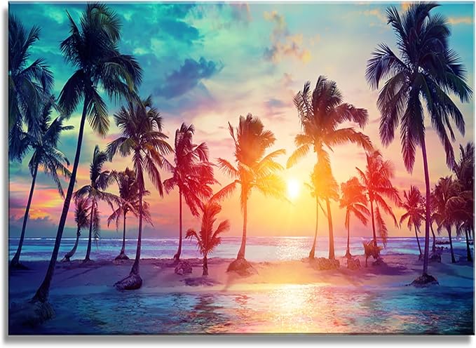 DZL Art S75569 Canvas Wall Art Palm Trees Silhouettes On Tropical Beach At Sunset Beach Seascape Painting Nature Pictures for Living Room Home Office Wall Decor Artwork