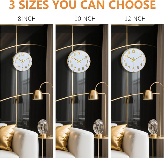 Modern Wall Clock, 10 Inch Digital Wall Clocks Battery Operated, Round Non Ticking Silent Analog Clock for Bedroom Living Room Kitchen Office Gym Classroom Decor, Gold Battery Clock