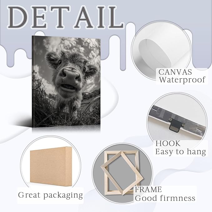 YOUHONG Highland Cow Decor Highland Cow Wall Art Farmhouse Wall Decor Modern Farmhouse Pictures Canvas Print with Wooden Frame, Lightweight Animal Poster for Living Room 12x15.7 Inch