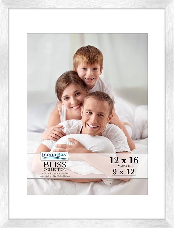 Icona Bay - 12x16 Silver Picture Frame with Removable Mat to 9x12 Photo - Modern Style Engineered Wood Poster Frame - Wall Mount Only - Bliss Collection