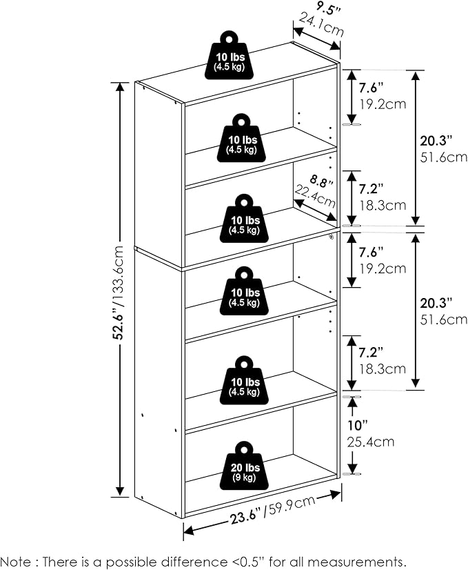 Furinno Jaya Book Shelf, 5-Tier Bookshelf, 52 Inch Tall Standing Bookcase with Adjustable Shelf, 9.5 x 23.6 x 52.6, for Home Office, Bedroom, Living Room, White