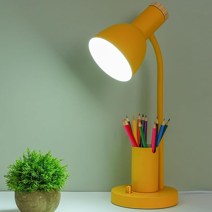 Desk Lamp with Pen Holder, Green, Wood Accent, Adjustable Gooseneck, Modern Study Light (Yellow)