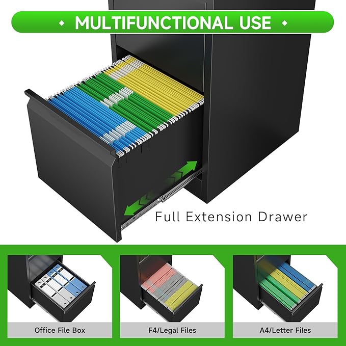 2 Drawer File Cabinet with Lock, Heavy Duty Steel Under Desk Vertical Filing Cabinet for Home Office Use, Printer Stand with Drawers, for A4/Letter-Size Files, Easy to Assemble,Black