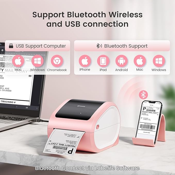 D520 Pink Shipping Label Printer&250Pcs 4x6 Shipping Address Labels,Thermal Label Printer for Small Business, Shipping Packages, Home, Office, Compatible with USPS, Shopify, Amazon, Tiktok