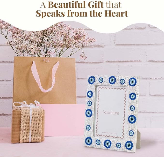 Folkulture Picture Frame for Wall or Tabletop | Evil Eye 5x7 Aesthetic, Cute, Protective Evil Eye Design Photo Frame| Vertical & Horizontal Display | Handmade Housewarming Gifts