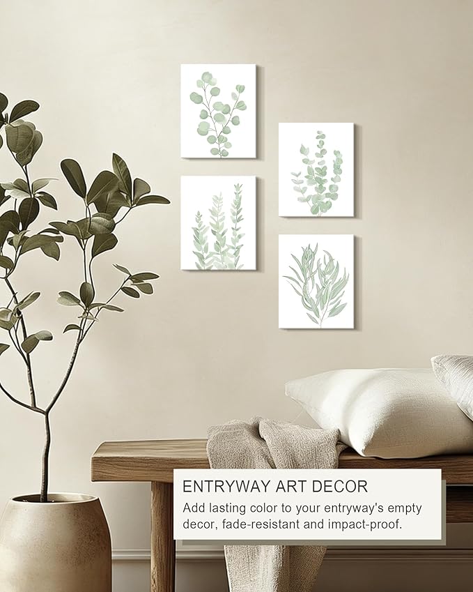 FRAMED Botanical Plant Canvas Wall Art,Boho Plant Wall Decor for Bedroom,Minimalist Floral Prints for Living Room,Light Green Botanical Art Painting for Office,Set of 4,8”x 10”