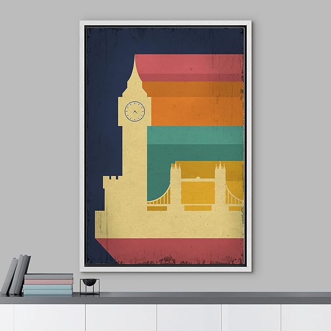 IDEA4WALL Framed Canvas Print Wall Art Retro Vintage British Big Ben Poster Cultural Building Illustrations Modern Art Contemporary Scenic Warm for Living Room, Bedroom, Office - 24"x36" WHITE