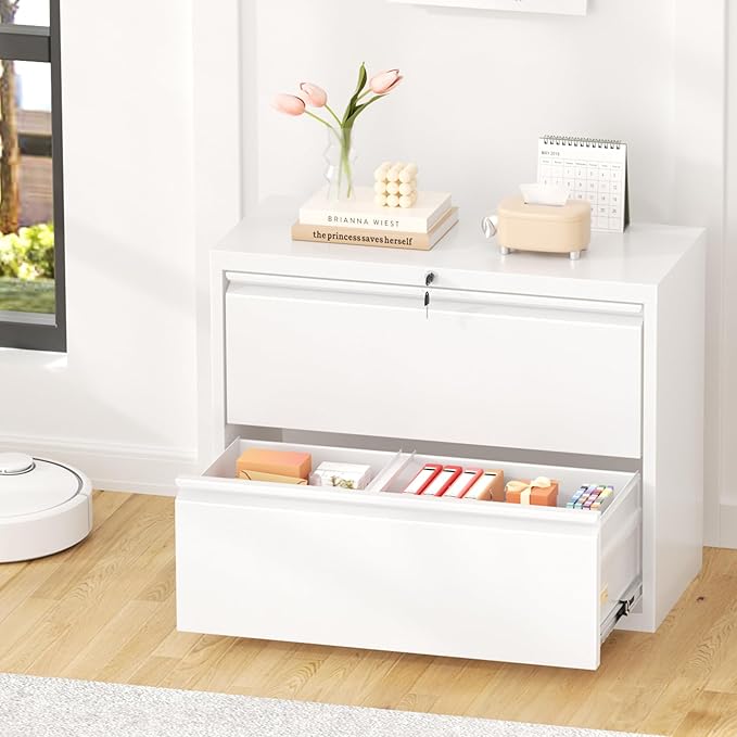 Greenvelly 2 Drawer File Cabinet, White Lateral File Cabinet with Lock, Metal Filing Cabinet for Home Office, Lockable Metal File Cabinet for Legal/Letter/A4/F4 Size with Hanging Bars&Key